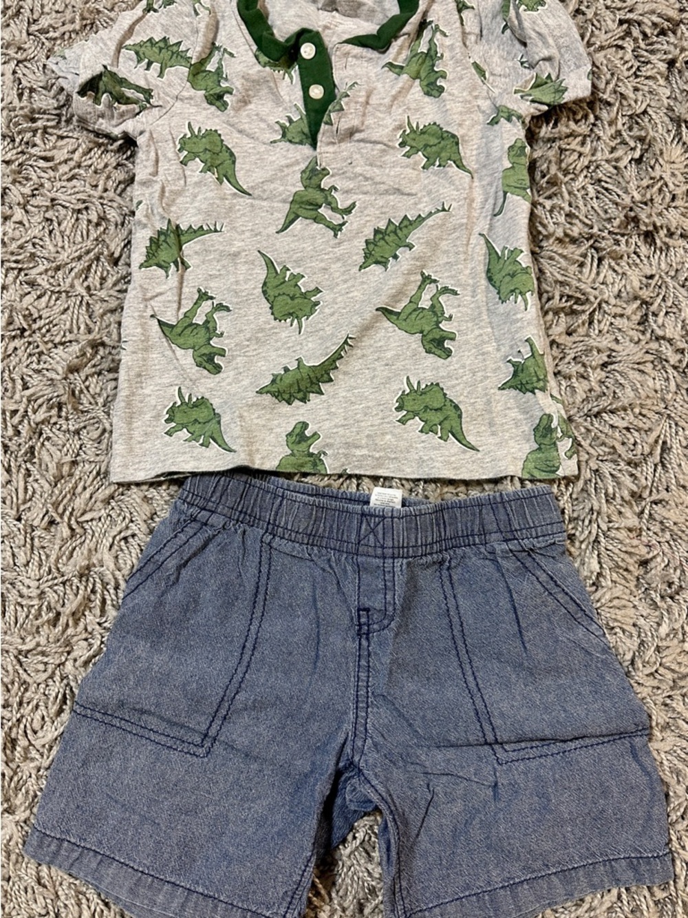 Carter's Gray and Green Dinosaur Polo & Blue Shorts Matching Set